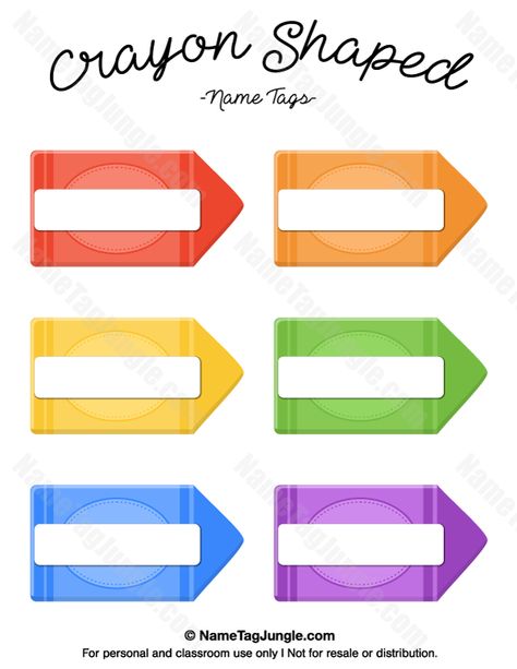 Free printable crayon-shaped name tags. The template can also be used for creating items like labels and place cards. Download the PDF at http://nametagjungle.com/name-tag/crayon-shaped/ Crayon Name Tags Free Printable, Preschool Name Tags Printable Free, Crayon Name Tags, Cubby Tags Preschool, Crayon Classroom, Preschool Name Tags, Cubby Name Tags, Crayon Themed Classroom, Preschool Cubbies