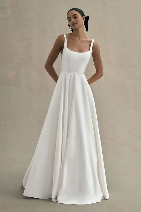 2024's Top 20 Elegant & Romantic Wedding Dresses for Timeless Brides Small Wedding Dress Simple, Clean And Timeless Wedding Dress, Wide Shoulder Wedding Dress, Wedding Dress Classic Timeless, Square Neck Open Back Wedding Dress, La Premiere Wedding Dress, Wedding Dress Wide Shoulders, Wedding Dress Plain White, Flattering Wedding Dress For Large Bust