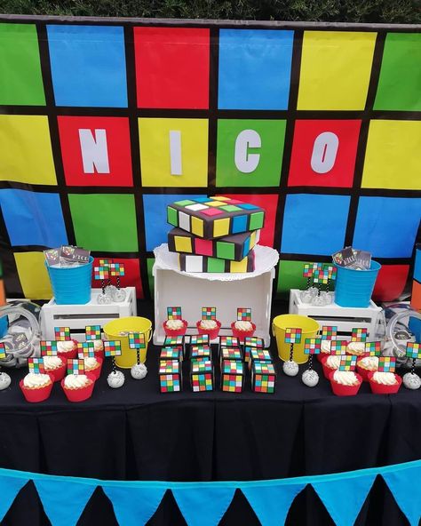 Rubik’s Cube Party Ideas, Rubiks Cube Decoration Party Ideas, Rubiks Cube Cupcakes, Rubix Cube Party Decorations, Diy Rubiks Cube Decor, Rubix Cube Party Ideas, Rubiks Cube Party Ideas, Rubik’s Cube Party, Rubix Cube Birthday Party Ideas