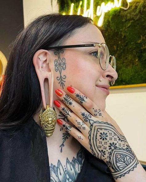 Ornamental Neck Tattoos Women, Ornamental Throat Tattoo, Ornamental Face Tattoo, Hand Ornamental Tattoo, Face Hand Tattoo, Ornamental Neck Tattoo, Muppet Tattoo, Cute Face Tattoos, Ornamental Hand Tattoo