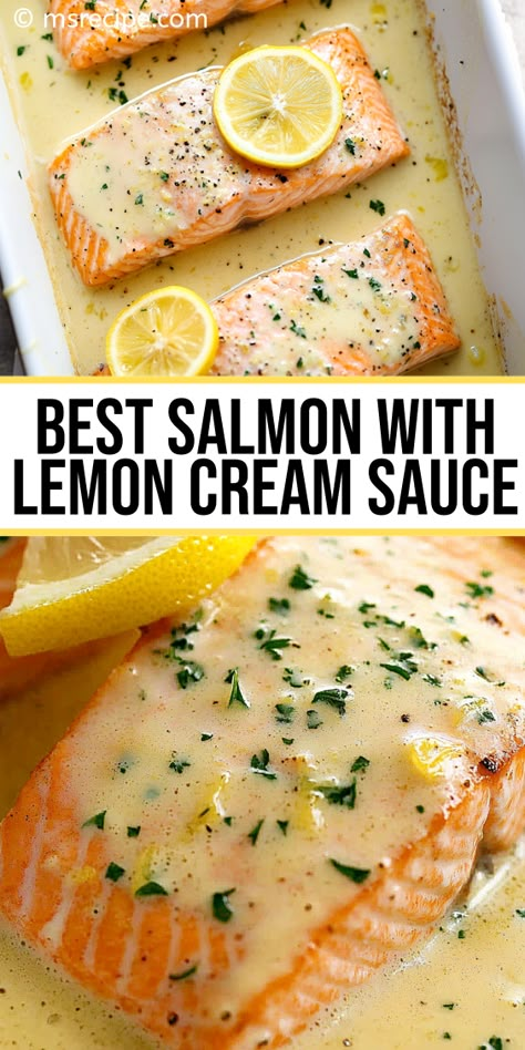 Love salmon? Try this easy Salmon with Lemon Cream Sauce recipe! A delicious balance of zesty lemon and rich cream that coats tender salmon fillets. A dish the whole family will enjoy! Salmon And Sauce Recipes, Salt Free Salmon Recipes, Salmon Heavy Cream Recipes, Salmon And Mayo Recipes Baked, Lemon Cream Salmon, Salmon Francese, Salmon Lemon Cream Sauce, Lemon Cream Sauce For Salmon, Scottish Salmon Recipe