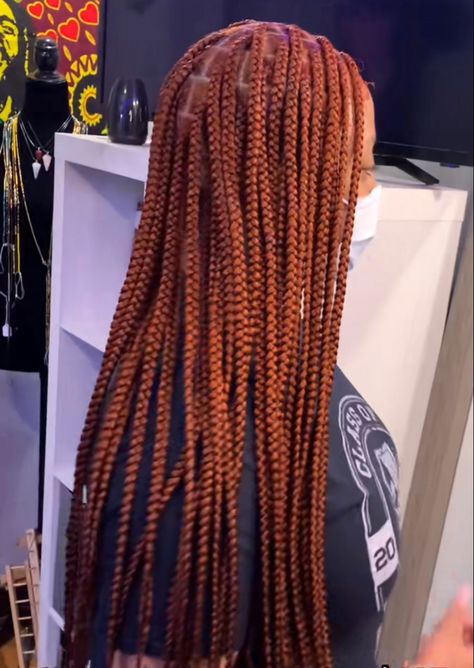 Ginger Knotless Braids Black Women, Red Orange Braids, Ginger Braids Black Roots, Orange And Brown Braids, Long Ginger Braids, Ginger Box Braids Black Women, Burnt Orange Knotless Braids, Copper Box Braids, Copper Braids Black Women