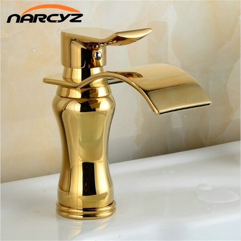 Wide Spout Golden Faucets Bathroom Basin Faucet Brass Mixer Tap Waterfall Faucet G1060 Waterfall Sink Faucet, Gold Bathroom Faucet, Waterfall Taps, Kitchen Basin, Gold Faucet, Bathroom Faucets Waterfall, Bathroom Sink Taps, Waterfall Faucet, Sink Mixer Taps