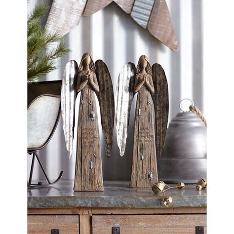 Angel, Set of Two Wooden Angels Rustic, Wooden Angels, Always In Our Hearts, Figurine Display, Wooden Figures, Metal Wings, Wooden Angel, Texas Country, Christmas Moose