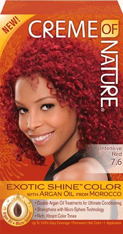 Intensive Red Exotic Shine Hair Color by Creme of Nature. Double Argan Oil Treatments for Ultimate Conditioning. Creme Of Nature Hair Dye, Creme Of Nature Hair Color, Nature Hair Color, Hair Dye Red, Creme Of Nature, Porous Hair, Dyed Red Hair, At Home Hair Color, Cool Blonde