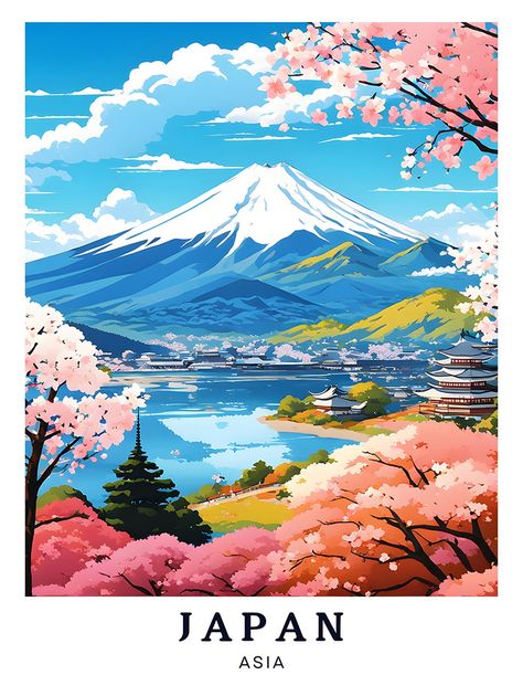 Japan Poster, Mount Fuji Cherry Blossom Art Mount Fuji Drawing, Mount Fuji Aesthetic, Japan Images, Mount Fuji Japan, Posters Modern, Japan Poster, Japan Illustration, Japan Painting, Cherry Blossom Art