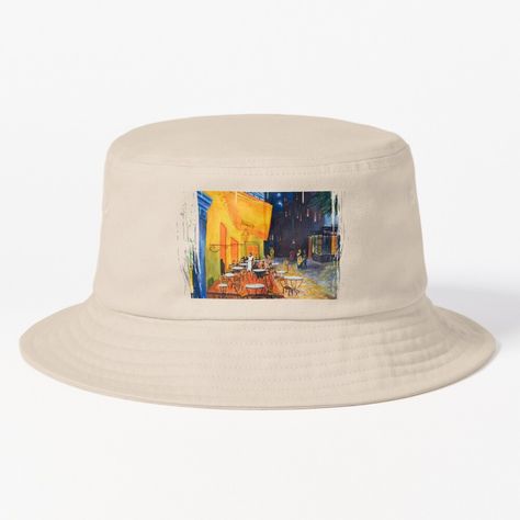 Get my art printed on awesome products. Support me at Redbubble #RBandME: https://www.redbubble.com/i/bucket-hat/Painting-andquot-Caf%C3%A9-Terrace-at-Nightandquot-by-ayoubmracha/120120002.51XZU?asc=u Painted Bucket Hat, Bucket Hat Painting, Hat Painting, Terrace At Night, Hat Art, Cafe Terrace, Bucket Hat Design, Paint Buckets, Night Painting