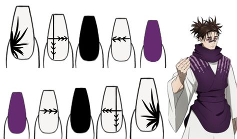 Choso Jjk Nails, Jujutsu Kaisen Nails Design, Jjk Nails Designs, Jjk Design, Jujutsu Kaisen Nails, Jjk Nails, Uñas Ideas, Fake Nails Designs, Nail Drawing