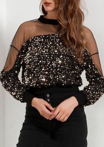 Sequin Blouse Outfit, Outfit Night, Patch Work Blouse, Sequin Blouse, Trend Fashion, Blouse Outfit, Sequin Top, Top Women, Black Sequins