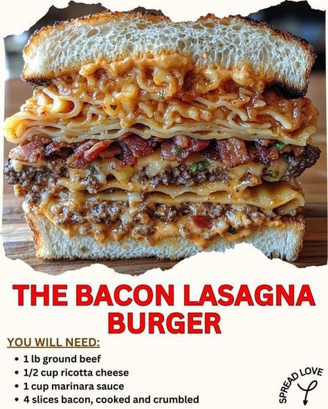 🍔🥓 The Bacon Lasagna Burger 🍝🔥 – A Flavor Explosion You Can't Resist! Ever wondered what happens when a juicy burger meets the cheesy, saucy goodness of lasagna? 🤯 Say hello to The Bacon Lasagna Burger, the ultimate mashup of comfort food and grilling greatness! Perfect for when you're craving bold, satisfying flavors. 🌟 👇 Here’s how to make it: ✨ Ingredients: 1 lb ground beef 🍔 1/2 cup ricotta cheese 🧀 1 cup marinara sauce 🍅 4 slices bacon, cooked and crumbled 🥓 4 hamburger buns 🍞 1 cup s... Lasagna Burger, Bacon Lasagna, Street Food Business, Juicy Burger, How To Make Bacon, Hamburger Buns, Food Business, Marinara Sauce, Ricotta Cheese