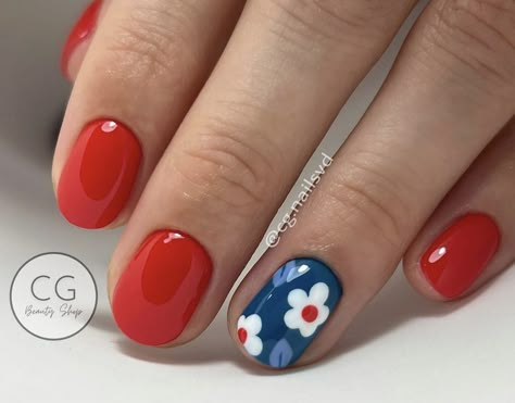 Red And Blue Floral Nails, Diy July 4th Nails, Red White And Blue Nail Art, Red White And Blue Floral Nails, Red And Blue Flower Nails, Blue Red And White Nails, Red White And Blue Baseball Nails, Red White And Blue Flower Nails, Red And Navy Nails