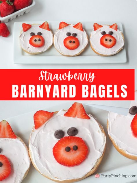 Preschool Food Crafts To Eat, Fun Snack Ideas For Preschoolers, Fun Bagel Ideas, Preschool Snack Ideas Healthy, Farm Themed Breakfast Food, Farm Animal Snack Ideas, Farm Breakfast Ideas, Strawberry Lunch Ideas, Preschool Food Activities Easy Recipes