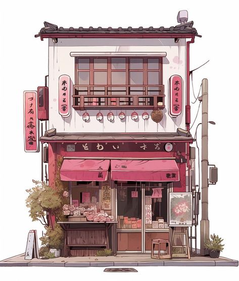 ☾~.~�☕️follow me☕️~.~☾ Japanese Store Fronts, Place Aesthetic, Japanese Buildings, Watercolor House Painting, Aesthetic Architecture, Japanese Shop, Traditional Japanese House, 동화 삽화, Building Illustration