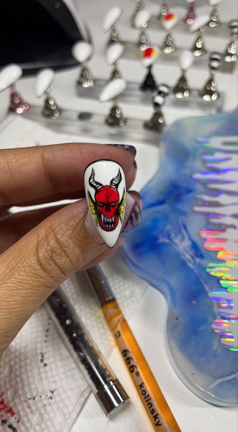 Hellfire Club, Eddie Munson, False Nails, Press On Nails, Stranger Things, Nail Ideas, Nail Inspo, Hand Painted, Fan