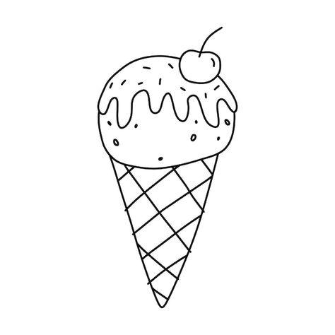 Cute ice cream cone with cherry isolated... | Premium Vector #Freepik #vector #ice-cream-ball #ice-cream-scoop #ice-cream-cartoon #scoop Ice Melting Drawing, Ice Cream Outline, Ice Cream Cartoon, Ice Cream Illustration, Cute Ice Cream, Ice Cream Design, Cream Design, Outline Illustration, Doodle Style