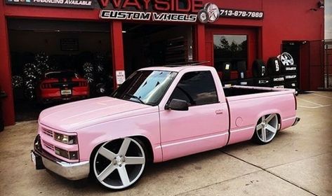 Pink Truck Chevy, Girly Pickup Truck, Pink Classic Truck, Pink Chevy Trucks Old, Pink Chevy Trucks, White Lifted Truck With Pink Lights, Pink Chevy, Classic Cars Trucks Chevy, Obs Chevy