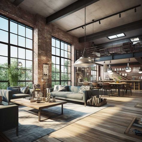 Industrial Living Room Design, Industrial Style Living Room, Industrial Living Room, New York Loft, Industrial Livingroom, Loft Decor, Industrial Living, Urban Loft, Urban Industrial