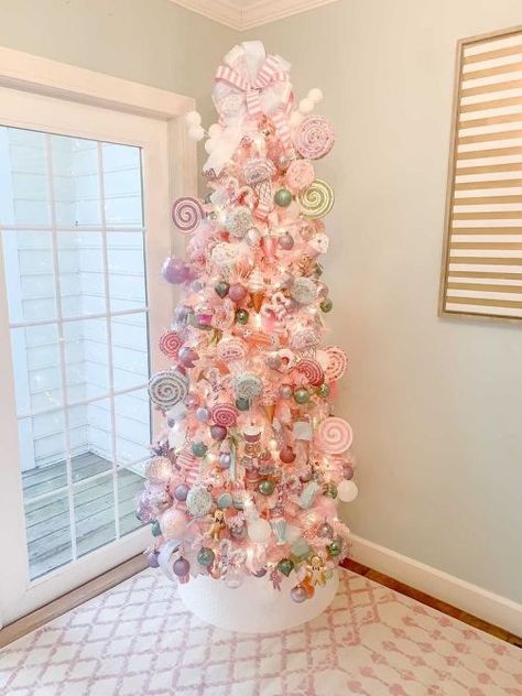 STYLECASTER | Christmas Tree inspiration | Christmas tree ideas | Christmas tree decorations | Christmas tree themes | Christmas tree ideas 2020 | Christmas tree decor ideas 2020 | Christmas tree aesthetic | Christmas tree 2020 trends Christmas Tree Inspiration Silver, Pink Xmas Tree, Vintage Pink Christmas, Pink Sweets, Christmas Tree Inspo, Gingerbread Christmas Tree, Candy Christmas Tree, Pink Xmas, S Aesthetic