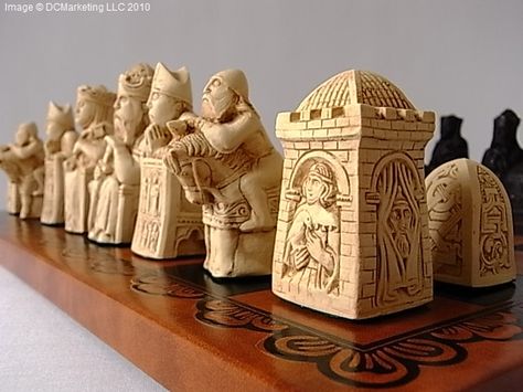 Unique Chess Sets, Shield Warrior, Lewis Chessmen, Medieval Chess Set, Medieval Chess, Themed Chess Sets, Chess Moves, Wooden Chess Pieces, Medieval Gothic