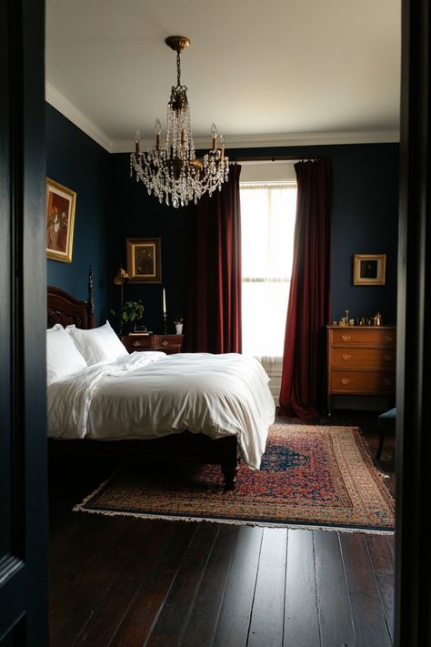 Create timeless charm with these Victorian bedroom ideas to make your bedroom a true place to relax. Victorian Dark Bedroom, Black Bedroom Floor Ideas, Victorian House Interiors Bedroom, Smoky Blue Bedroom Walls, 4 Post Bedroom Ideas, Flooring For Bedrooms Master Suite, Victorian Bedroom Decor Ideas, Dark Blue Bedroom Bedding, Victorian Guest Bedroom