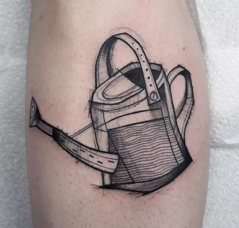 Water Jug Tattoo, Jug Tattoo, Watering Can Tattoo, Can Tattoo, Sketchy Tattoo, Guy Ritchie, Horror Music, Custom Tattoo, Water Jug