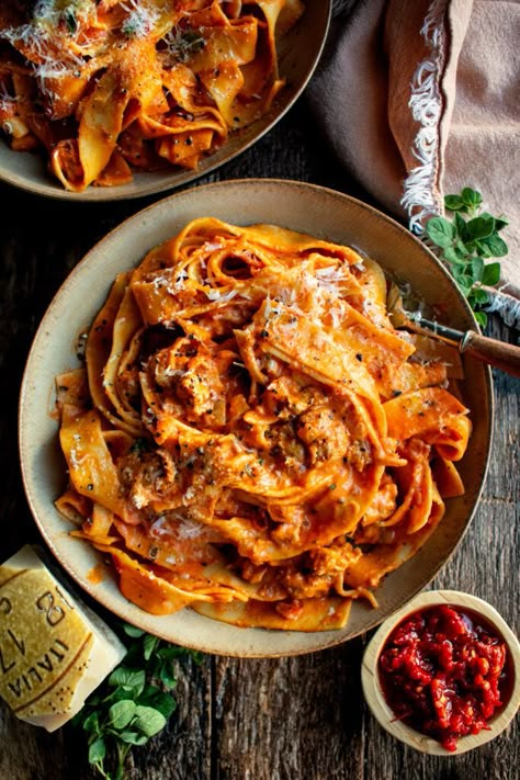 Creamy Calabrian Chili Pappardelle with Sausage & Fennel - The Original Dish Italian Dinner Ideas Main Dishes, Papadeli Pasta Recipes, Bear Spaghetti, Pappardelle Recipes, Winter Pasta Dishes, Date Night Food, Pasta And Sauce, Winter Pasta, The Original Dish