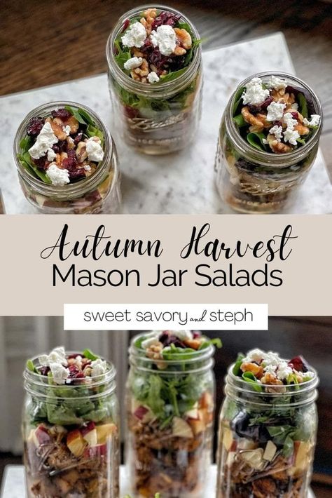 Nothing screams fall flavors more than the components of these Autumn Harvest Mason Jar Salads: roasted butternut squash, dried cranberries, walnuts, goat cheese, fresh apples, and grilled chicken mixed together to create a flavor and textural sensation. And to make the salad even better...it is in a mason jar! This salad is so filling, easy to make, and is filled with gorgeous colors and flavors. Apple Harvest Mason Jar Salad, Fall Salad Recipes Meal Prep, Easy Jar Lunches, Mason Jar Grain Bowl, Chicken Salad Jar Recipe, Fall Mason Jar Salads, Kale Salad In A Jar, Mediterranean Jar Salad, Kale Mason Jar Salad