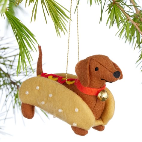 Fabric Dachshund Hot Dog Ornament - World Market Dog Ornaments Diy, Lean Core, Christmas Felt Decorations, Dachshund Hot Dog, Y Craft, Christmas Dog Outfits, Christmas Dachshund, Dachshund Stuff, Weenie Dog