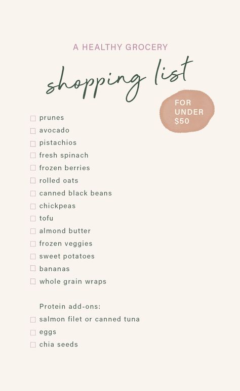 The $50, dietitian-approved grocery list that opens the door for so. many. healthy meals Healthy Shopping List Grocery, Grocery List On A Budget, Budget Grocery List, Oatmeal Bars Healthy, Budget Grocery, Healthy Grocery Shopping, Oatmeal Bars Recipes, Vegan Grocery List, Tuna And Egg