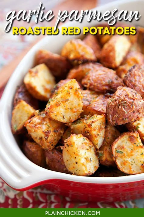 Garlic Parmesan Roasted Red Potatoes - Plain Chicken Parmesan Roasted Red Potatoes, Plain Chicken Recipes, Potatoe Recipes, Recipes Potatoes, Roasted Red Potatoes, Parmesan Potatoes, Plain Chicken, Potato Recipes Side Dishes, Recipes Side Dishes