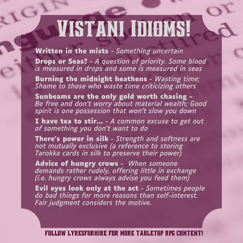 Dictionary-style text post containing Vistani idioms for Ravenloft Epic One Liners, Curse Of Strahd, Campaign Planning, Dungeon Master's Guide, Dungeons And Dragons 5e, Dnd 5e Homebrew, Dnd Dragons, Reference Chart, D&d Dungeons And Dragons