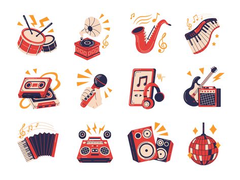 Music Elements by canva.com/p/deemakdaksina on Dribbble Music Elements Illustration, Publicity Ideas, Music Elements, Musical Elements, Music Graphics, Cartoon Music, Dance Vector, Funk Music, Music Cartoon