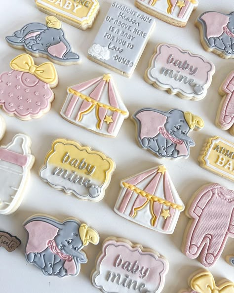 Some cute Dumbo baby shower cookies awaiting a baby girl.… | Instagram Dumbo Cake Pops, Dumbo Cookies Decorated, Dumbo Girl Baby Shower Theme, Baby Disney Baby Shower Ideas, Baby Dumbo Baby Shower Ideas, Dumbo Baby Shower Cake, Dumbo Nursery Ideas, Dumbo Gender Reveal, Dumbo Themed Baby Shower Ideas