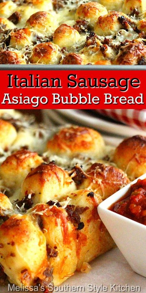 Bubble Bread Recipe Pull Apart, Rhodes Bread Dough, Sausage Appetizers, Bubble Bread, Bread Pull Apart Recipes, Sister Trip, Sausage Bread, Sausage Biscuits, Asiago