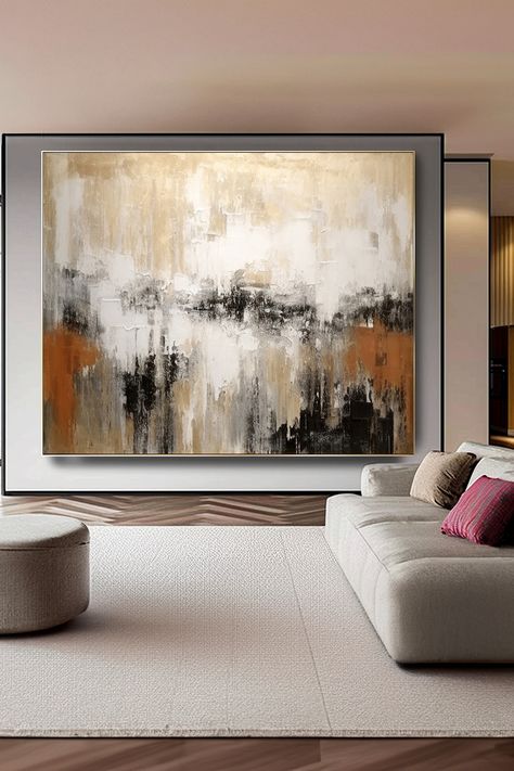 Abstract landscape original handmade painting on large canvas with white, black, and burnt orange tones. Textured brushwork creates a bold modern art piece. Large Canvas Art, Abstract Landscape Painting, Handmade Artwork, Modern Home Decor, Large Canvas, Landscape Painting, Abstract Landscape, Earth Tones, Modern Home