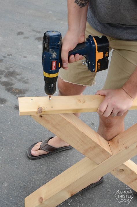 DIY X Leg Patio Table with Pipe Trestle Coffee Table Legs Ideas, Table Leg Ideas, Diy Wood Patio, Trestle Table Plans, Diy Brick Patio, Garden Table Plans, Wood Patio Table, Trestle Table Legs, Outside Table