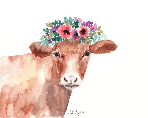 Goddess Ghee. Cow. Flower crown. Cow illustration. Logo. Cow With Flowers, Cow Paintings, Cow Art Print, Brown Cow, Animal Illustrations, Cow Painting, Art Animals, Farmhouse Art, Cow Art