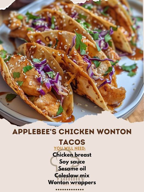 🌮 Crave a twist on tacos? Try Applebee's Chicken Wonton Tacos at home tonight! 🍗 🍽️ Applebee's Chicken Wonton Tacos 🛒 Ingredients: Chicken breast: 1 lb, diced Soy sauce: 2 tbsp Sesame oil: 1 tsp Coleslaw mix: 1 cup Wonton wrappers: 12 Cilantro: for garnish Sweet chili sauce: 1/4 cup 👩‍🍳 Instructions: Marinate Chicken: In soy sauce and sesame oil for 1 hour. Cook Chicken: Sauté until cooked through. Assemble: Spoon chicken into fried wonton shells, top with slaw and chili sauce. 🌮 Dive int... Chicken Wonton Tacos, Tacos At Home, Fried Wonton, Wonton Tacos, Marinate Chicken, Chicken Wontons, Fried Wontons, Taco Ingredients, Asian Inspired Dishes