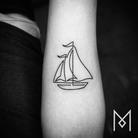 Linear Tattoos by Mo Ganji – Fubiz Media Linear Tattoos, Sailing Tattoo, Ephemeral Tattoo, Continuous Line Tattoo, Sailboat Tattoo, Mo Ganji, Boat Tattoo, Simple Images, One Line Tattoo