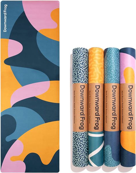 Downward Frog Colourful Patterned Yoga Mat for Bikram, Hot Yoga, Fitness, Pilates & Meditation - Eco Natural Rubber Base, Vegan, Microfibre Towel. Barre Core, Microfibre Towel, Yoga Bikram, Fitness Pilates, Hiit Training, Mat Exercises, Hot Yoga, Pilates Workout, Folded Up