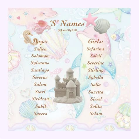 ‘S’ Names *⚠️These names weren’t made with the intention for children, simply just based off a theme and can be used for purposes such as character creation, story writing etc⚠️* Kawaii Names Ideas, Mermaid Names Aesthetic, Fantasy Planet Names Ideas, Ocean Themed Names, Names Inspired By The Ocean, Kawaii Names, Silly Names, Oc Names, S Names