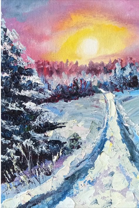 Capture the stunning beauty of a snow-covered landscape with this Alaska Oil Painting Landscape. Handmade with meticulous attention to detail, this original artwork by Inna Bebrisa is a magnificent depiction of a colorful sunset in Alaska. This Alaska landscape painted with oil on a canvas panel measuring 20 cm by 20 cm, this piece of art is truly unique and not a print. Alaska Painting, Alaska Landscape, Oil Painting Winter, Sunset Oil Painting, Scene Painting, Painting Winter, Colorful Sunset, Original Paintings For Sale, Painting Landscape