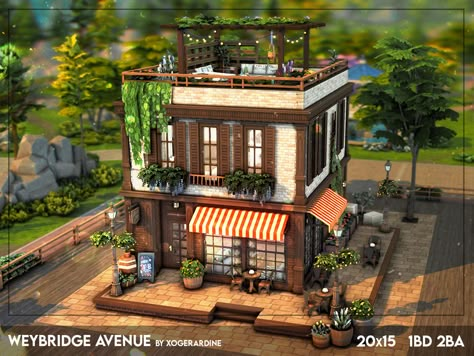 Sims 4 Cafe Apartment, Sims 4 Creative Build Ideas, Sims 4 City Build, Sims 4 Cafe Ideas, Sims 4 Cafe Build, Newcrest Sims 4 Layout, Cafe Exterior Design, Sims 4 Cafe, Magnolia Promenade