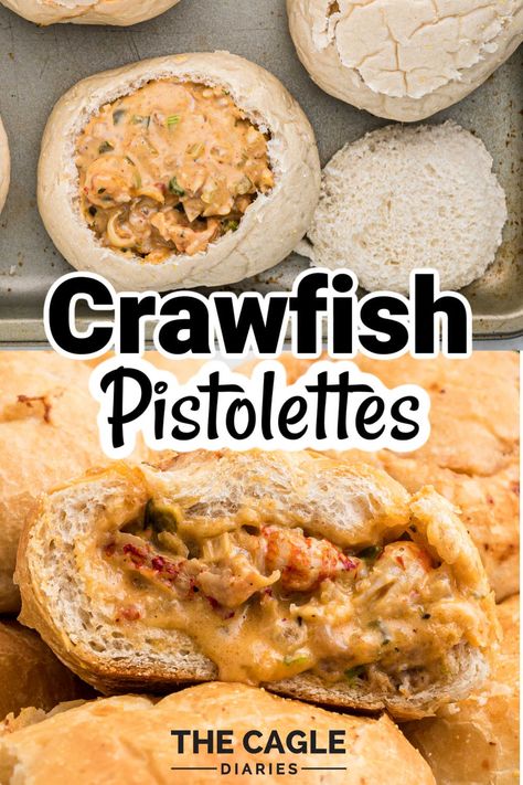 Delicious Cajun Crawfish Pistolettes, creamy, cheesy and full of crawfish - a southern classic recipe. See all my step by step photographs. Crawfish Stuffed Shells, Pistolettes Recipe Stuffed, Cajun Pistolettes Recipe, Crawfish And Sausage Recipes, Shrimp Pistolettes Recipe, Crawfish Boudin Recipe, Crawfish Pistolettes Recipe, Crawfish Cheesecake, Cajun Food Truck