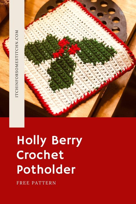 Elevate your holiday decor with our free Festive Holly Berry Crochet Potholder pattern. Spread warmth and charm in the kitchen with this delightful DIY project. Get the pattern now and crochet your way to a cozy Christmas ambiance! Crochet Deer Potholder, Crochet Potholders Christmas, Christmas Potholders Crochet, Crochet Dishcloths Free Patterns Easy, Free Crochet Potholder Patterns, Christmas Ambiance, Crocheted Potholders, Stockings Diy, Crochet Dish Cloth Free Pattern