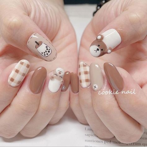 Brown Nail Designs, Brown Nail, Bears Nails, Asian Nails, Hello Nails, Nail Art Glitter, Cute Nail Art Designs, Pretty Gel Nails, Really Cute Nails