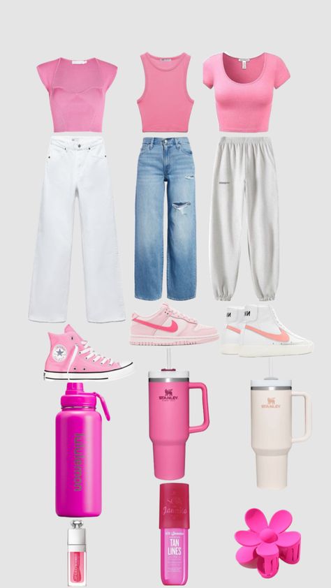 Barbie Movie Outfits Comfy, Causal Pink Outfits, Barbie Theme Spirit Week, Pink Outfits For Barbie Movie, Barbie Vs Ken Spirit Week Outfits, Pink Causal Outfits, Barbie Vs Ken Spirit Day, Pink Wednesday Outfit, Barbie Spirit Week Ideas