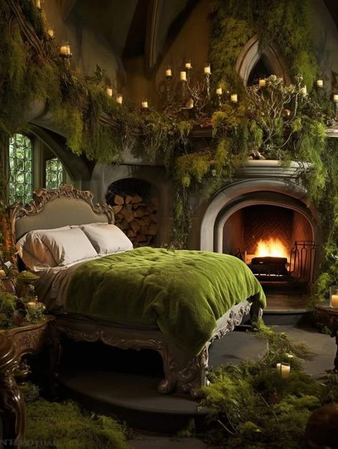 😳🩷💚 - Candle Cat and Cauldron | Facebook Druid Bedroom, Druid House, Enchanted Forest Bedroom, Fairy Home Decor, Fairycore Room, Forest Bedroom, Forest Room, Fairy Bedroom, Fairy Room