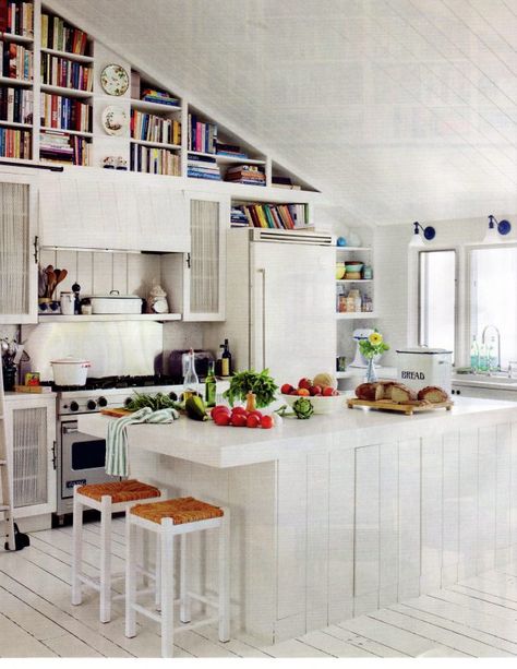 This is an idea - put my cookbooks where shelves are high and you don't reach often - i have a ton that i don't use but want to have around How To Decorate Above Kitchen Cabinets, Kitchen Bookshelf, Vaulted Ceiling Kitchen, Beautiful White Kitchens, Decorating Above Kitchen Cabinets, Ceiling Kitchen, Above Kitchen Cabinets, Trendy Kitchen, White Cabinets