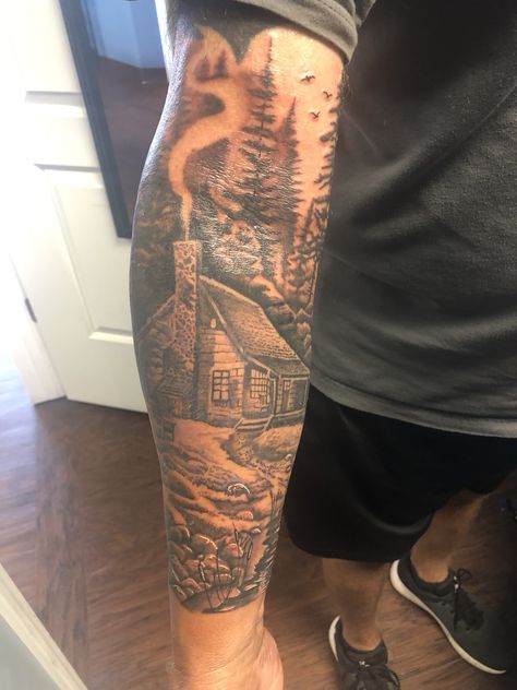 Cabin Tattoo Ideas, Cabin In The Woods Tattoo, Log Cabin Tattoo, Barn Tattoo, Cabin Tattoo, Bush Landscape, Woods Tattoo, Fly Fishing Tattoo, Collage Tattoo